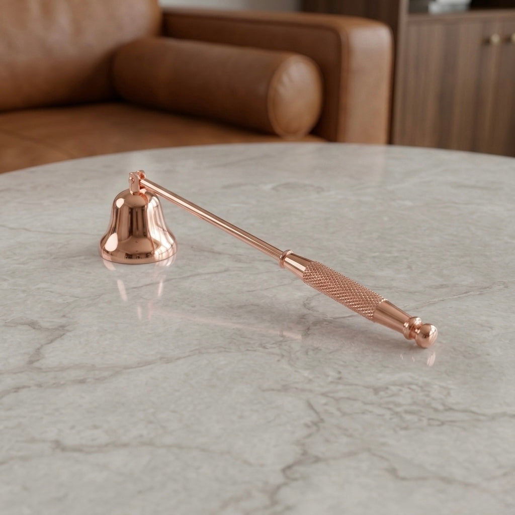 Rose gold candle snuffer on a marble surface with a blurred background