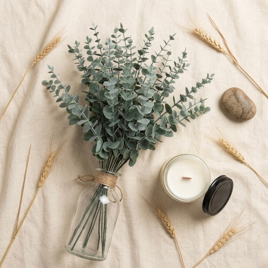 Bouquet of eucalyptus in a glass bottle with a candle and wheat stalks on a beige fabric background