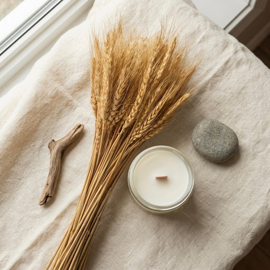Candle, wheat stalks, and a stone on a textured surface
