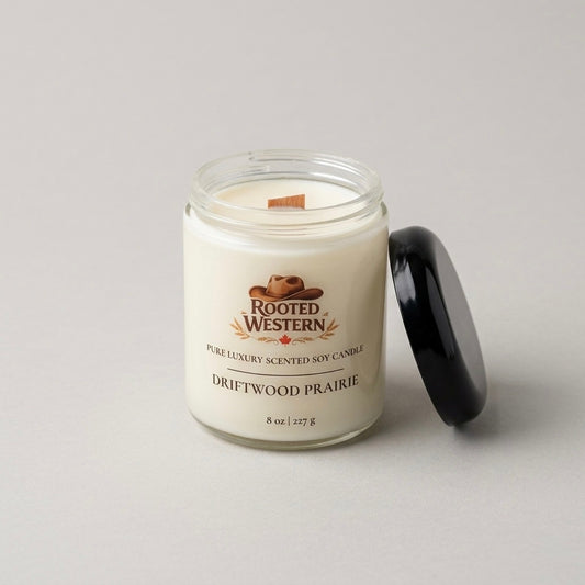 Driftwood Prairie soy wax candle with black lid on a light gray background