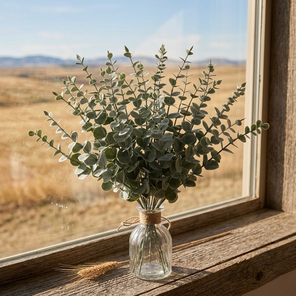 Bouquet of greenery in a clear glass vase on a wooden windowsill with a scenic background.