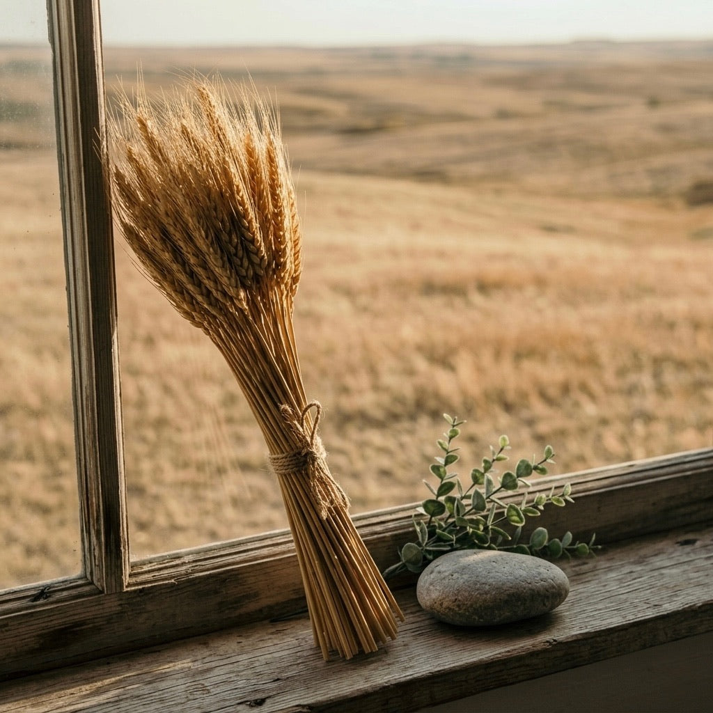 Bunch of wheat and a stone on a windowsill with a view of a field.
