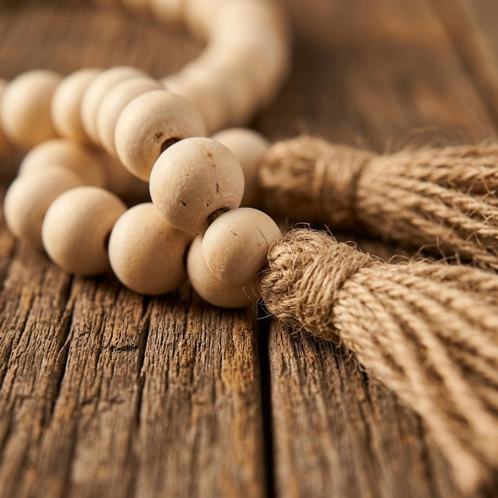 Wooden beads with jute rope on a wooden surface