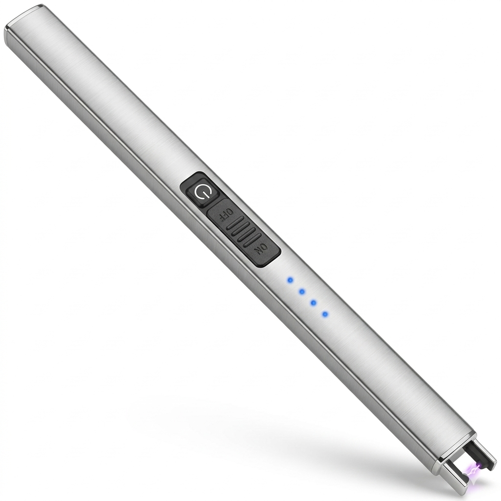 Silver arc lighter with control buttons on a white background