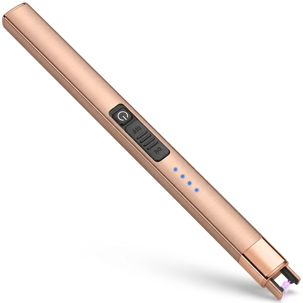 Rose gold arc lighter with control buttons on a white background